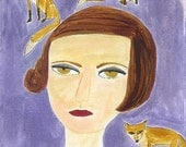 Lillian and the little foxes.  Limited edition print of an original watercolor painting by Vivienne Strauss.