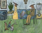 Some found the Waxwing family to be entirely too liberal. Limited edition print by Vivienne Strauss.