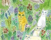 Summer Cats.   Original watercolor painting by Vivienne Strauss.