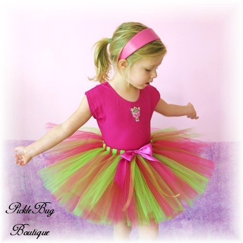 Gorgeous custom boutique SEWN tutu - inspired by FANCY NANCY - fuschia and lime -  24 mos 2T 3T 4T or 5T - High quality nylon tulle