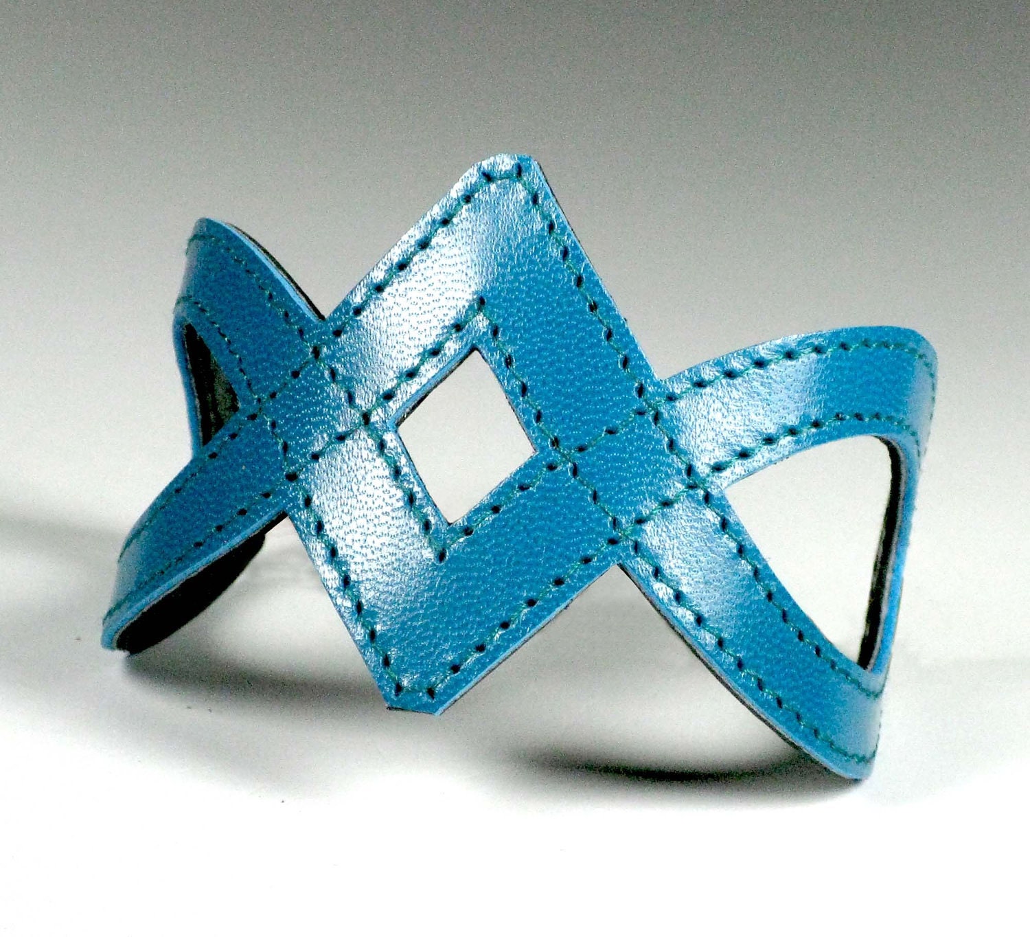 Recycled Reversible Turquoise Blue and Black Leather Cuff Bracelet