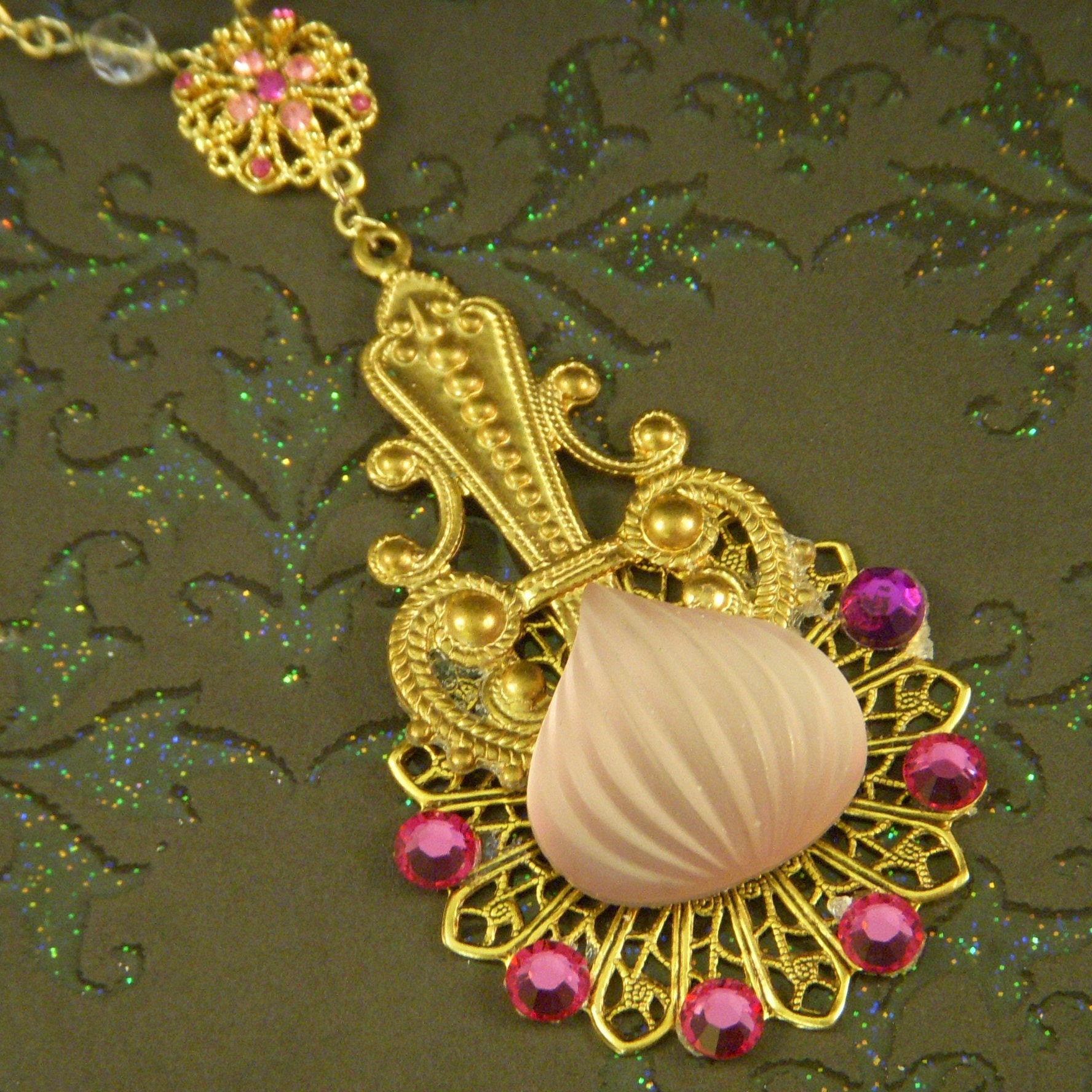 Fuschia and Luminescent Pearl Pink Art Nouveau Pendant and Necklace