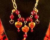 Venetian Gold and Red Glass Hearts Necklace
