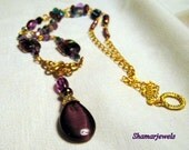 Art Nouveau Plum and Green Lampwork Beaded Necklace with Teardrop Pendant