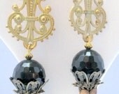 Art Nouveau Filigree and Large Onyx Faceted Crystal Bead Earrings