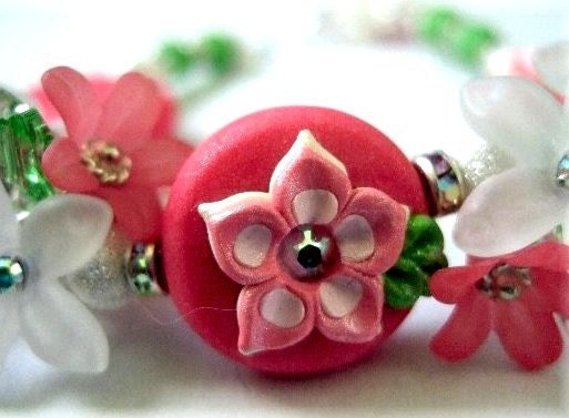 SALE......One of a Kind Sterling Silver, Polymer Clay, Vintage Lucite, Apple Green Turquoise, and Swarovski Crystal Bracelet