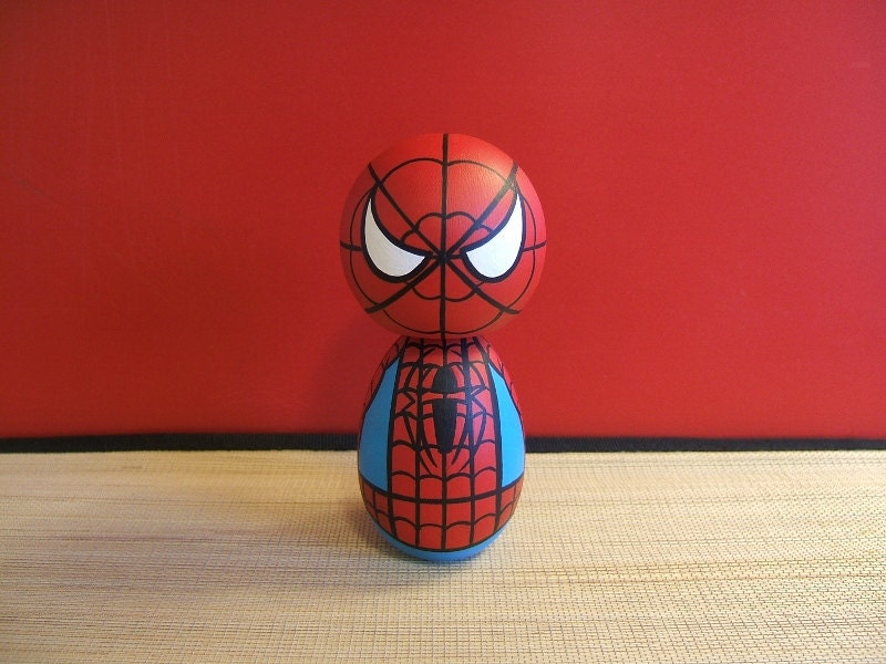 Kokeshi doll. Spiderman inspired custom.
