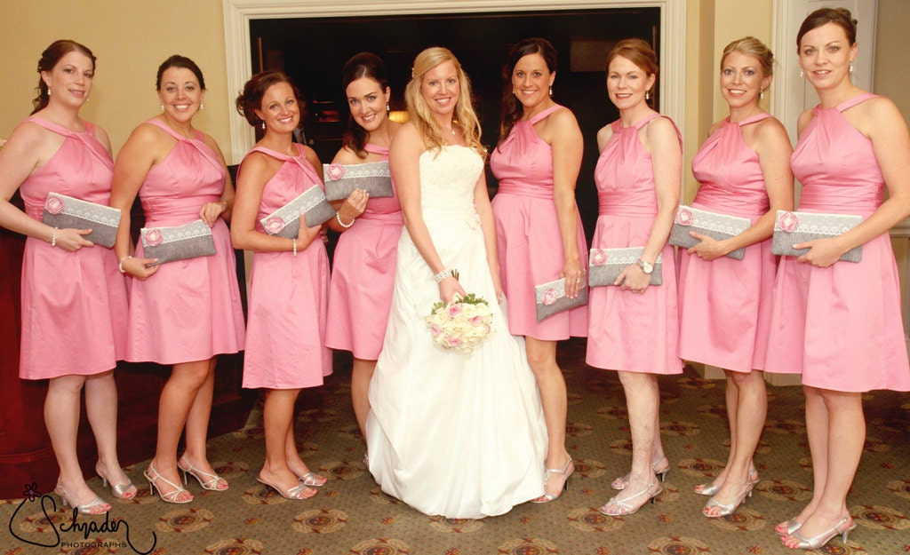 6 Bridesmaids Gifts- Custom Purses- Bags- Wedding Clutches- Bridesmaids Clutches- 6 CUSTOM Clutches with Flower Brooch