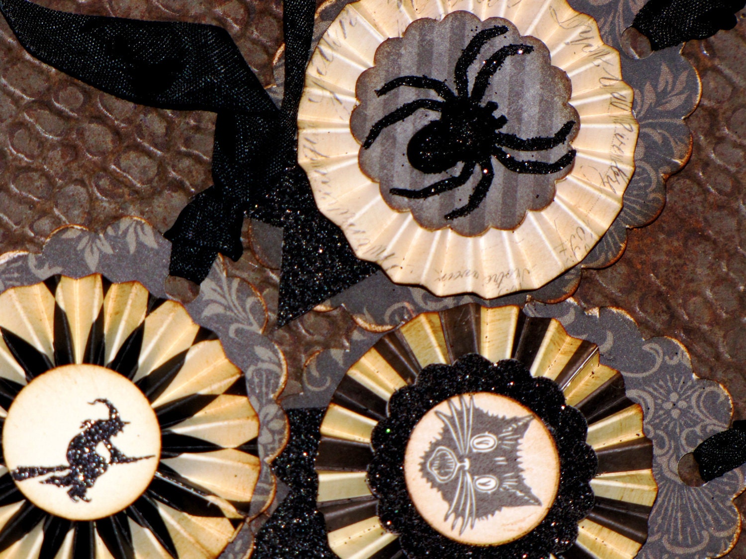 Set of THREE Vintage Inspired HALLOWEEN Gift Tags Ornaments Victorian Paper Rosettes Spider Witch Scaredy Cat