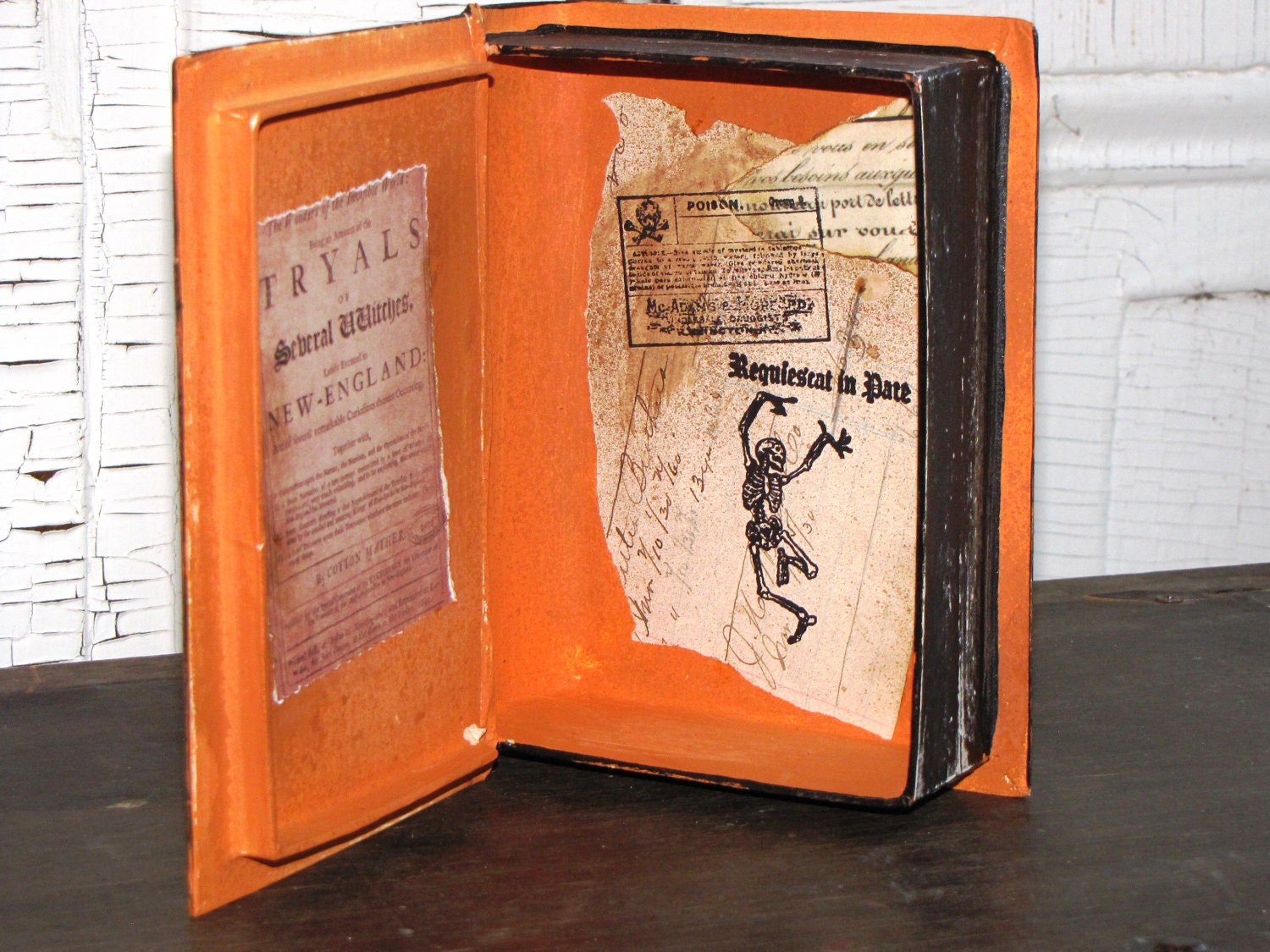 SMALL Vintage Paper Mache Halloween Witch's Book of CHARMS Box hand Painted BAT