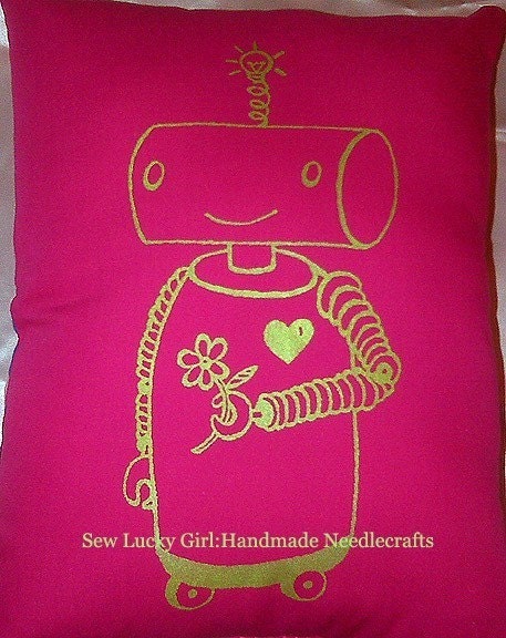 Robot Love Pillow-Two Tone Raspberry Hot Pink Metallic Lime Green Robot Polka Dot Whirl Backing-Great Gift Christmas, Holiday, Halloween