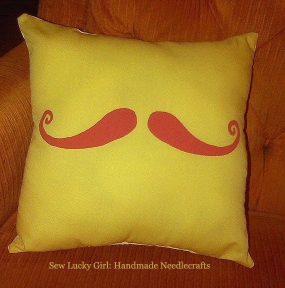 Stache Pillow-Hipster  Handlebar Moustache Pocket Pillow-Canary Yellow Orange Ginger-Great Holiday, Christmas Gift