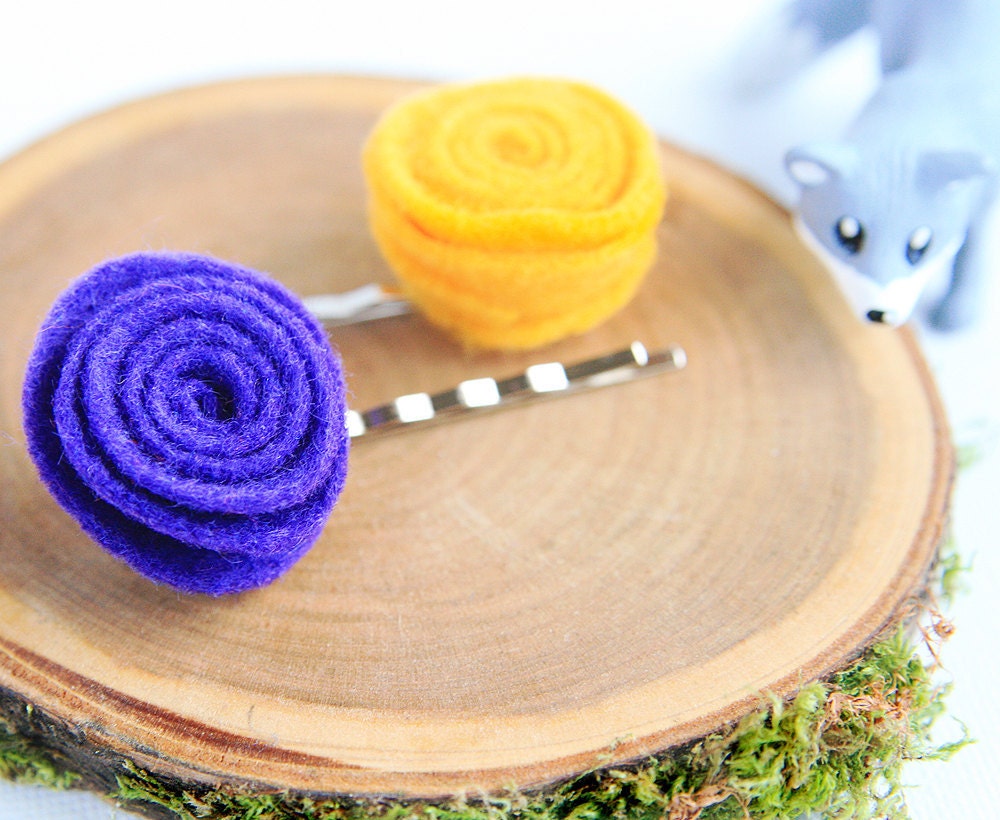Summer Colors Rosette Purple Yellow Bobby Pin Pair