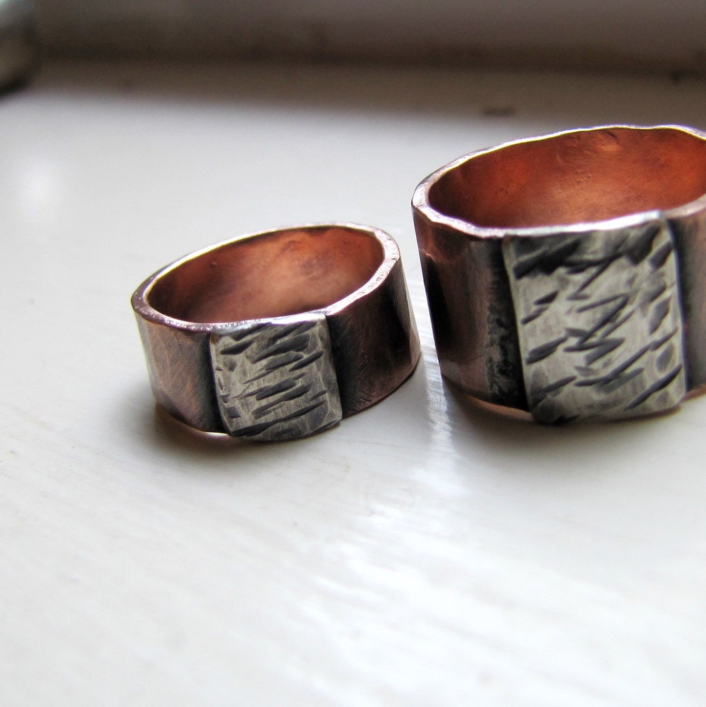 Wedding Band Set - Hammered Copper