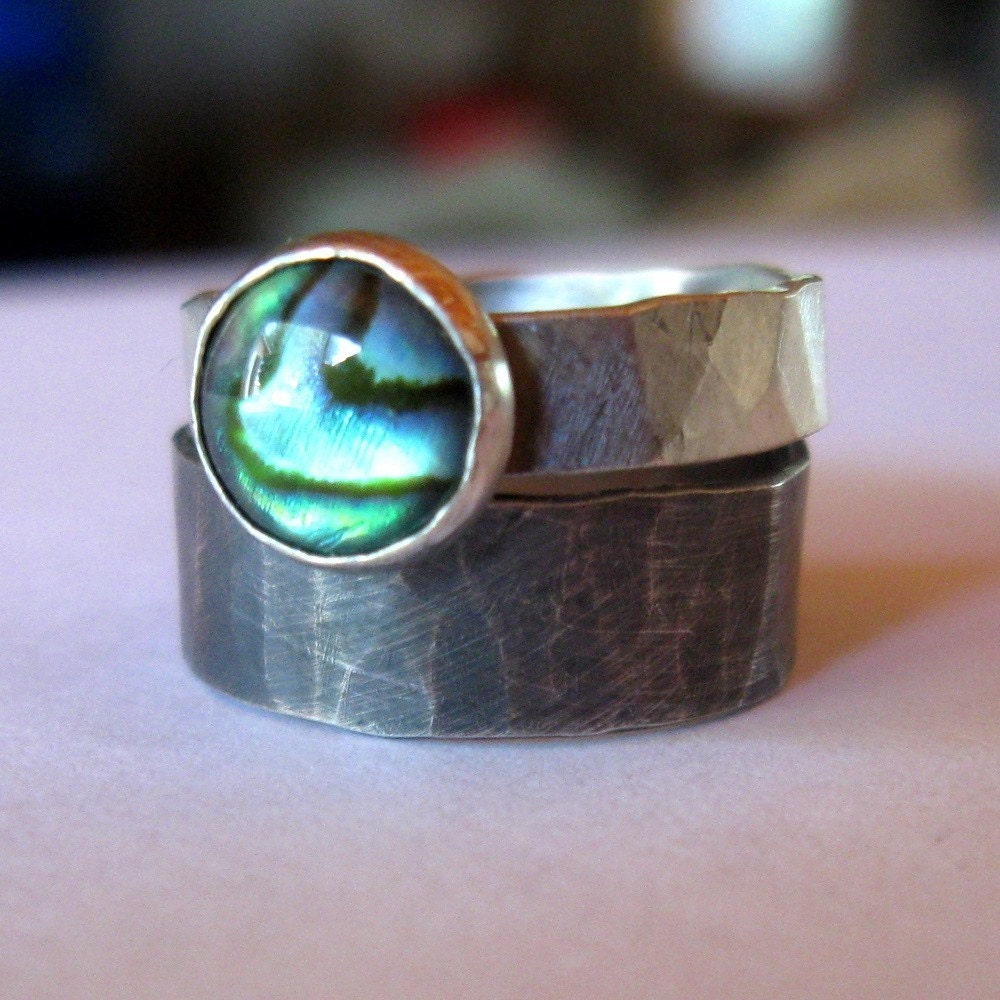 Rustic distressed sterling abalone rings