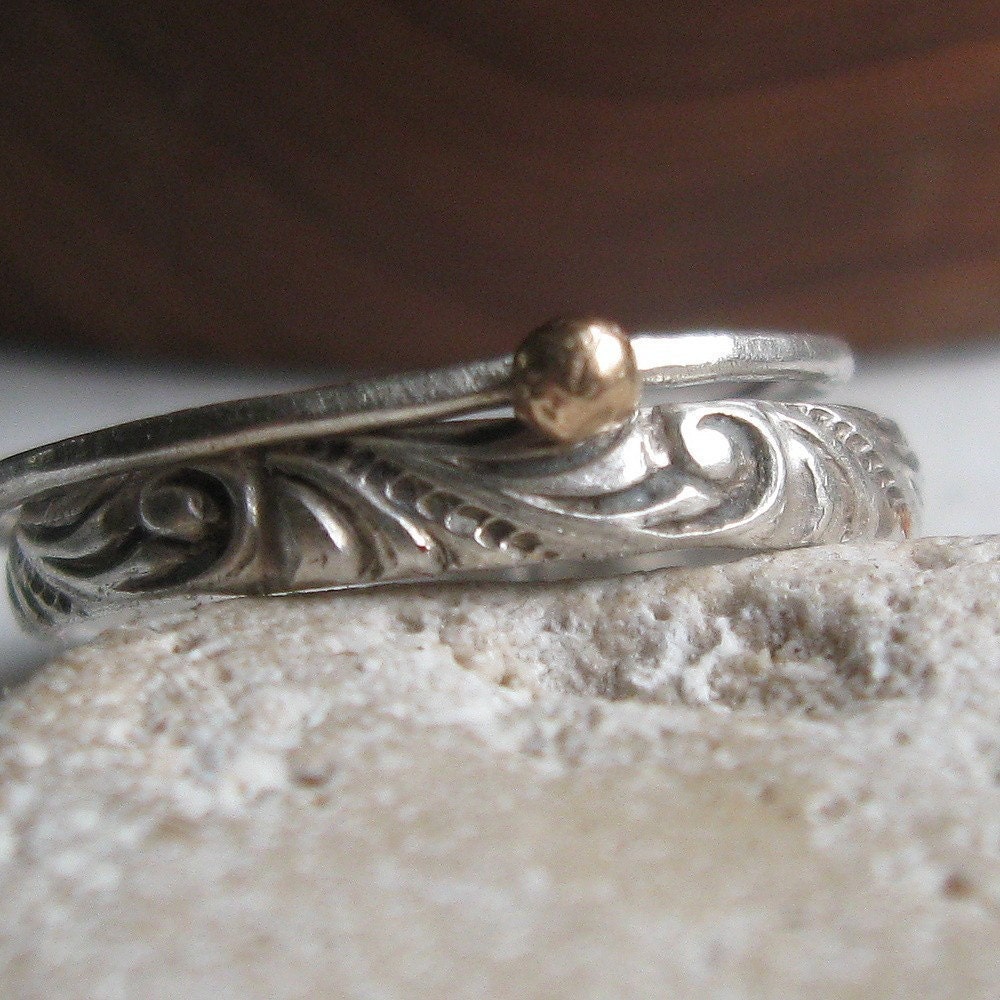 Renaissance Pattern Stacking Rings with Solid Gold Nugget