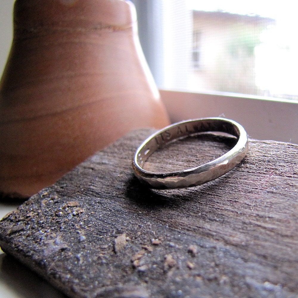 Rustic hammered 18k white gold wedding band