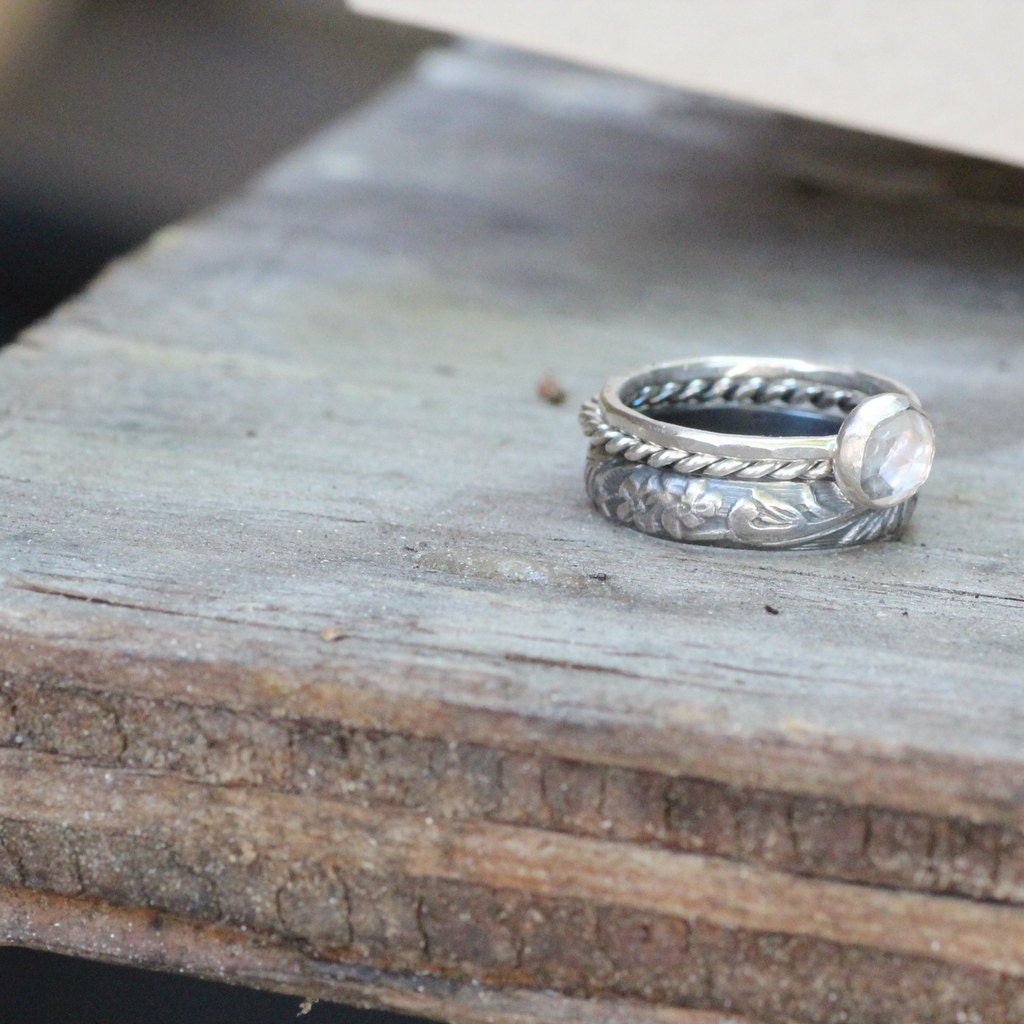 Rose Cut White Topaz Dark Sterling Stacking Rings Engagement Ring Gemstone Ring