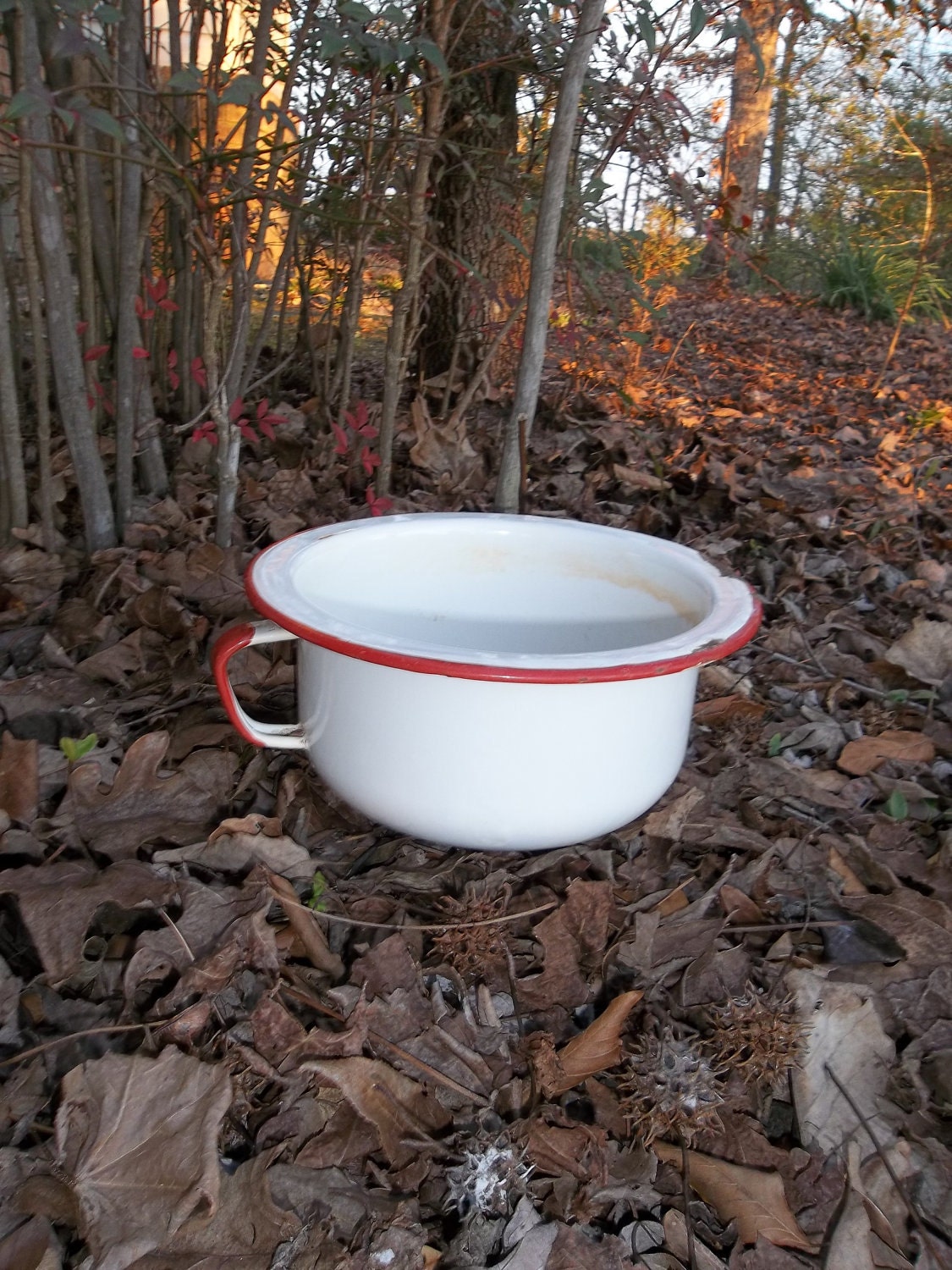 Vintage Enamel Bowl Enamelware Pan Primitive Garden Decor Farmhouse Kitchen French Country Rustic Cabin Decor