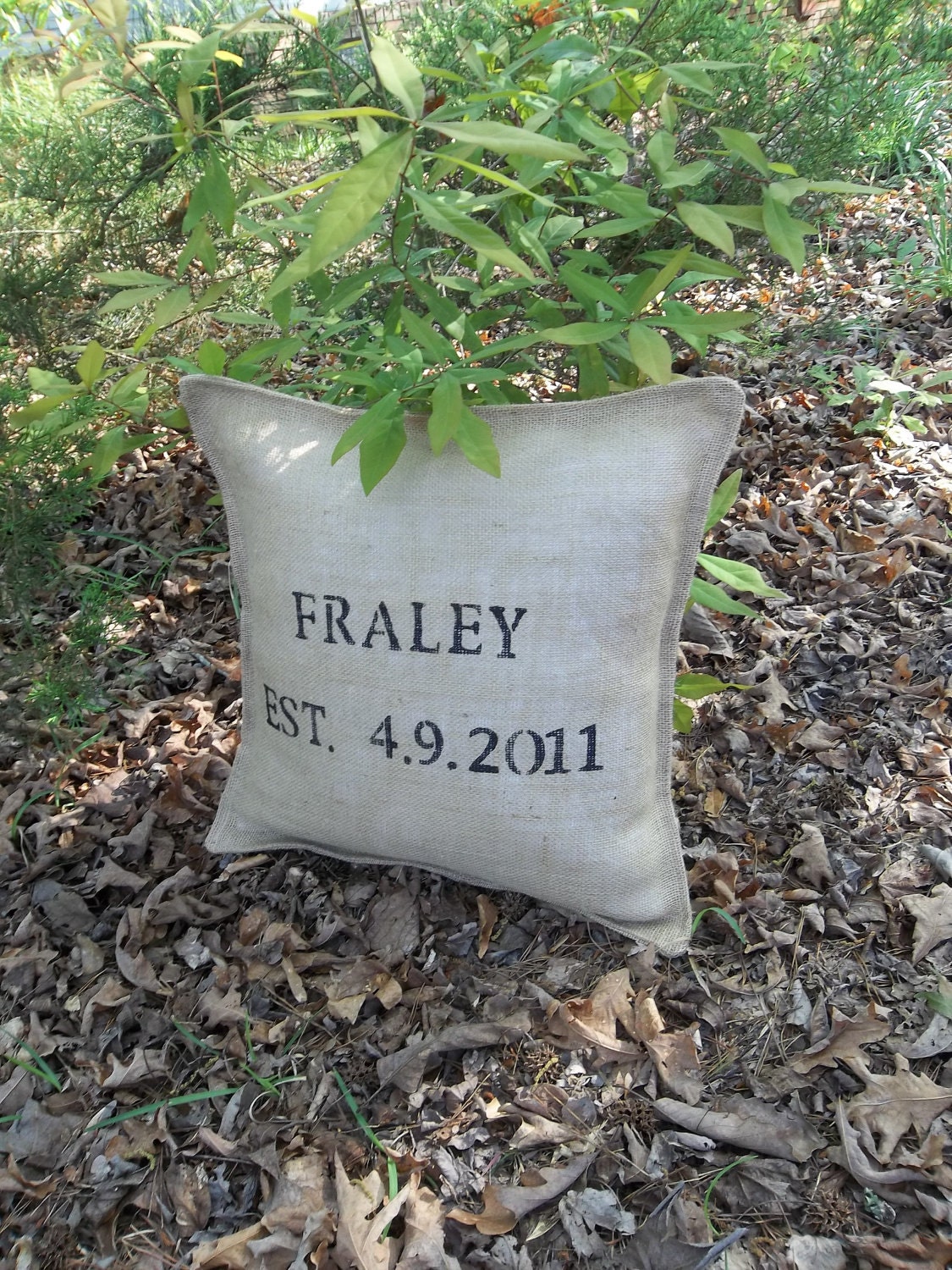 Burlap Pillow Anniversary Throw Pillow Decorative Pillow Wedding Decor Monogrammed Farmhouse French Country Pottery Barn Style Personalized