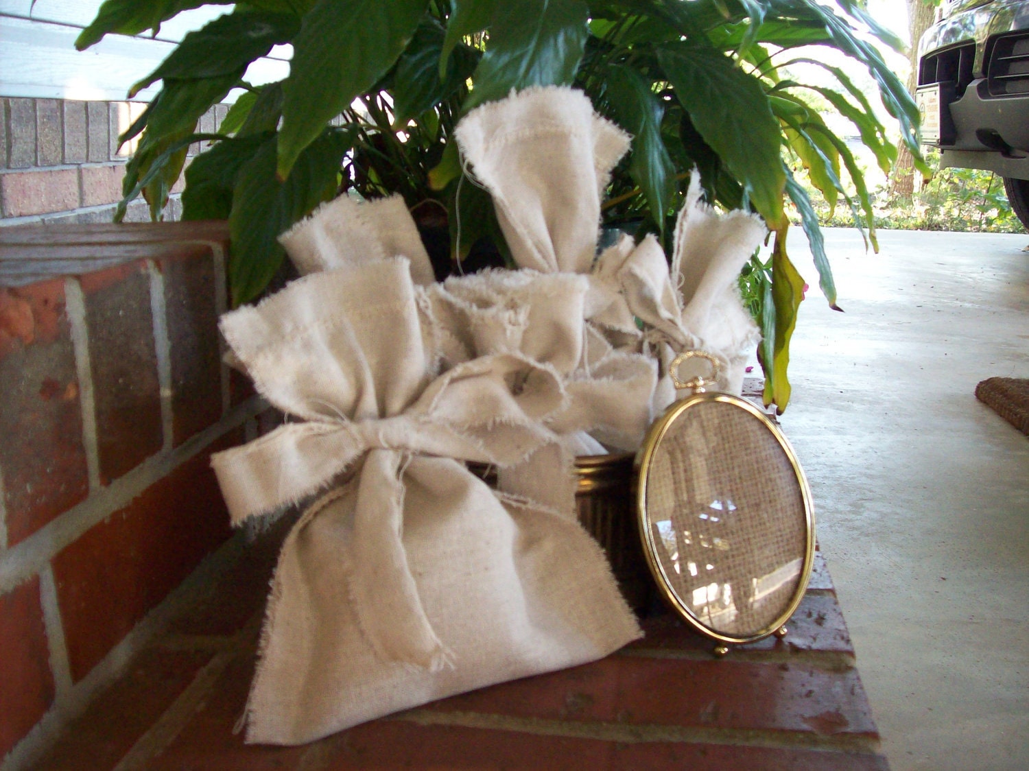 Handmade Rustic Gift Bags Wedding Favor Bags Personalized Monogrammed Fabric Ribbon Ties Made to Order Set of 5