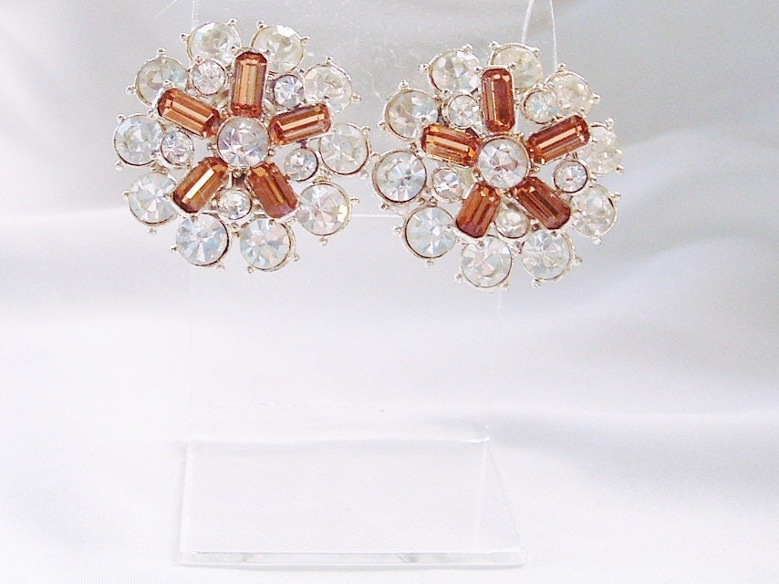 Vintage Large Rhinestone Earrings - Brown & Clear Rhinestones