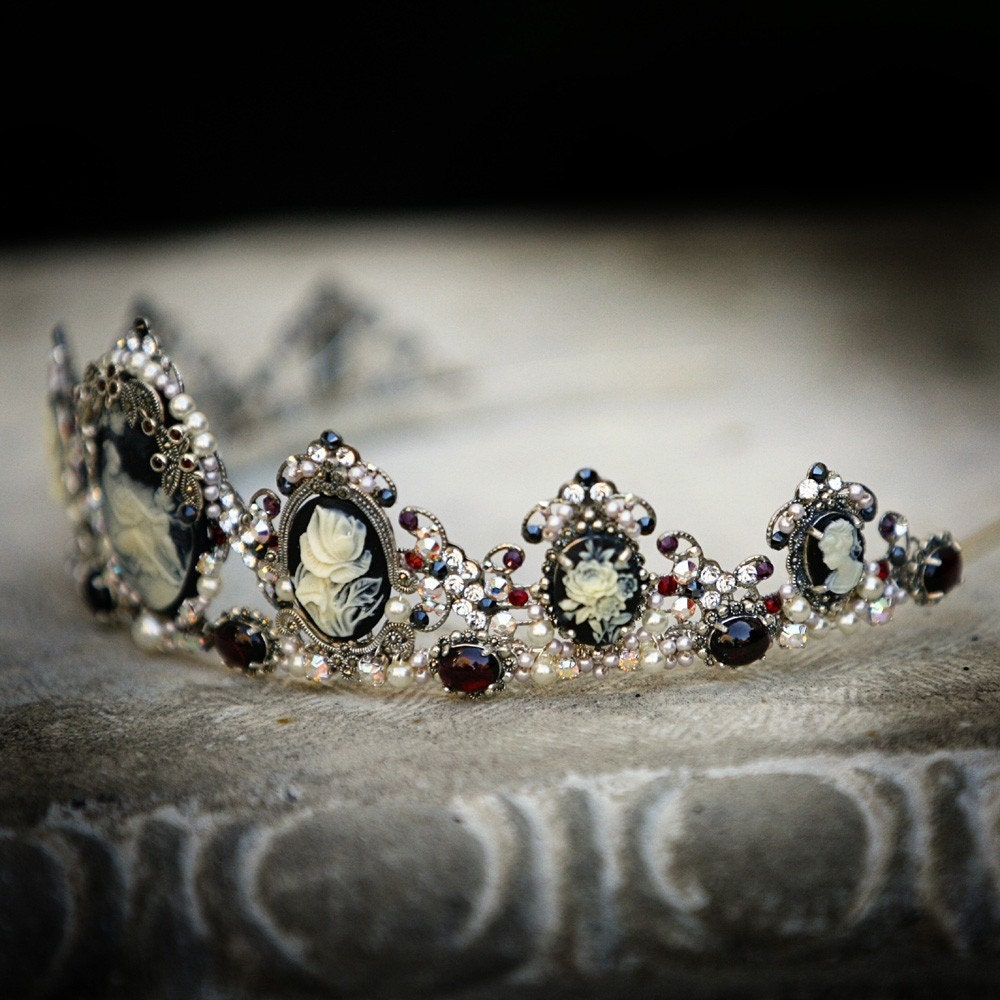 Drusilla tiara - Gothic headpiece, marcasite, garnet, cameo, pearls, rhinestones