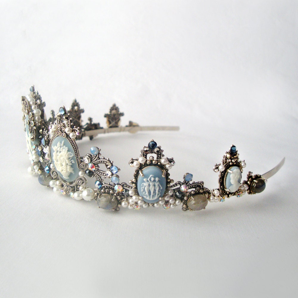 Drusilla Blue tiara - Gothic headpiece, marcasite, blue topaz, labradorite, cameo, pearls, rhinestones