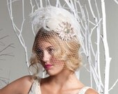 Weddings, Ivory Birdcage Veil, Feather Fascinator, Bridal Head Piece, Hair Accessory, Hat, Pink, Swarovski Crystal Flower, Batcakes Couture