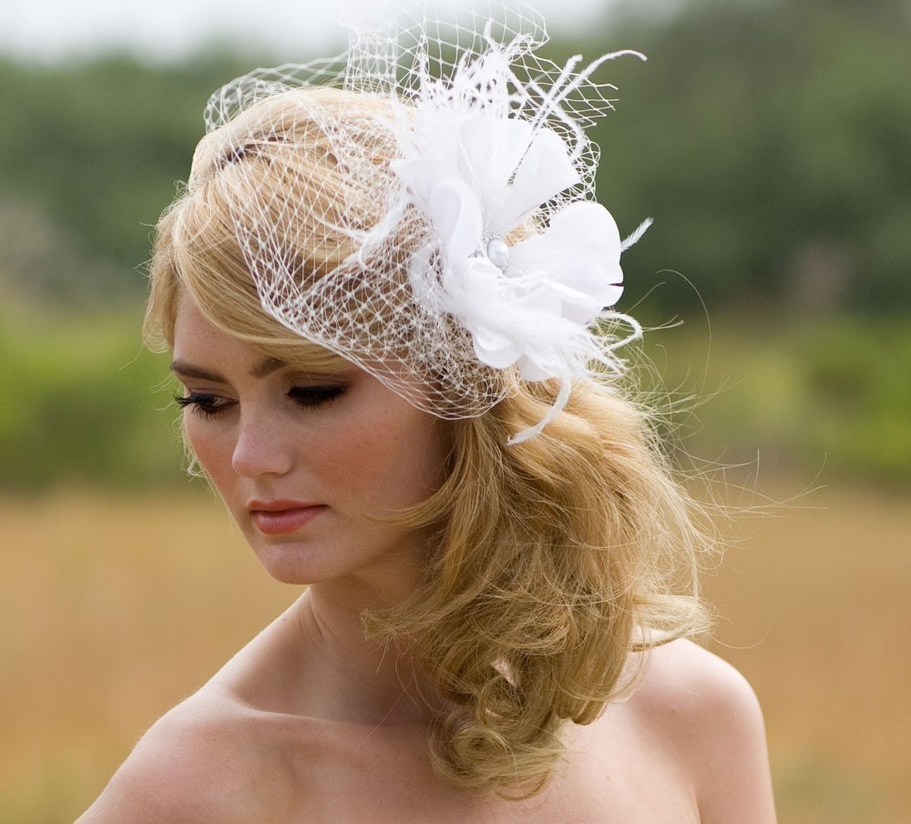 Sale, Wedding Veil, Feather Fascinator, True White, or Ivory, Birdcage Veil, Silk Flower, Bridal, Removable Blusher Veil, Pearl, Crystal