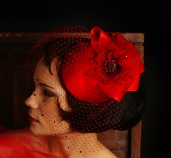Weddings, Red Hat, Fascinator, Birdcage Veil, Poppy, Rose, Flower ,Cocktail Hat, Ribbon, Bow Swarovski Crystal, Batcakes Couture