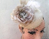 Champagne Birdcage Veil, Feather Fascinator, Bridal Hat, Rose Flower, Ivory White Peacock Feather, Wedding Veil, Women's Hat, Cocktail Hat