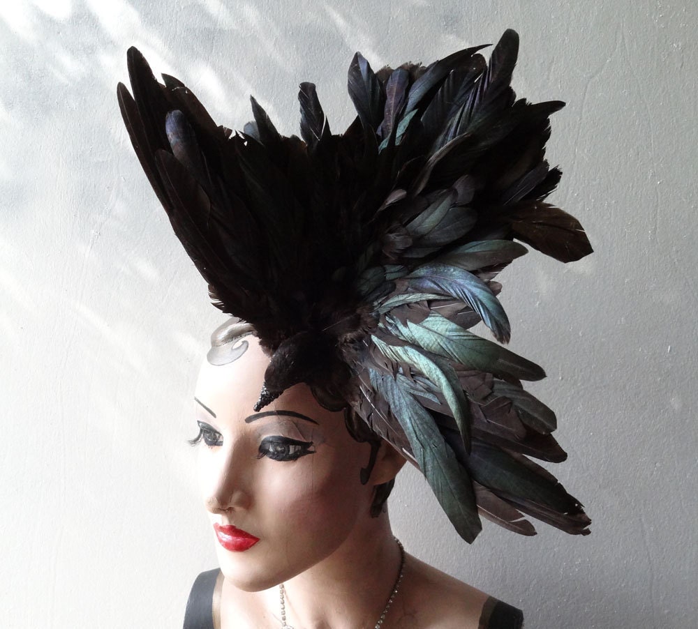 Black Bird Hat, Feather Fascinator, Taxidermy Headpiece, High Fashion Couture, Swarovski Crystal, Batcakes Couture