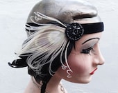 White Peacock Feather Fascinator, Headband, Black Velvet, Beaded, Ivory, Iridescent Black Feathers, Batcakes Couture