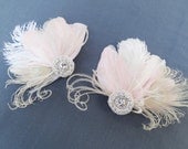 Pale Pink Bridal Fascinators, Bridesmaid, Set of 2, Swarovski Crystal, Feather Head Piece, Champagne, Ivory White, Peacock Feathers