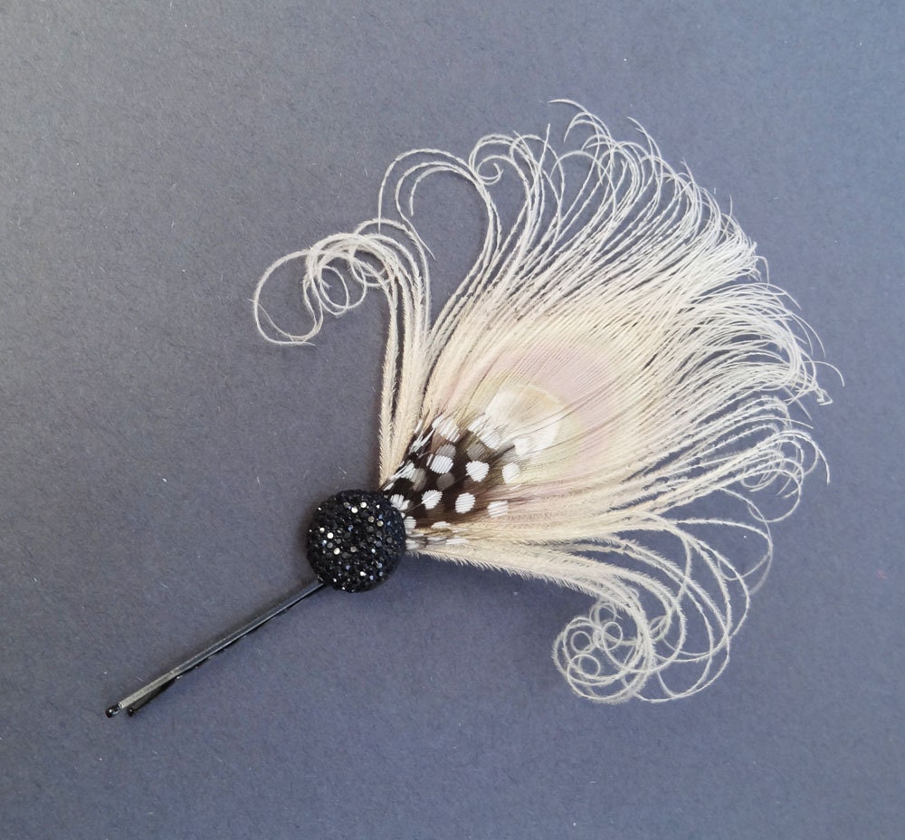 Peacock Feather Bobbie Pin, Fascinator, Hair Accessory. Bridal Head Piece,  Bridesmaid, Jet Black, Ivory White, Batcakes Couture