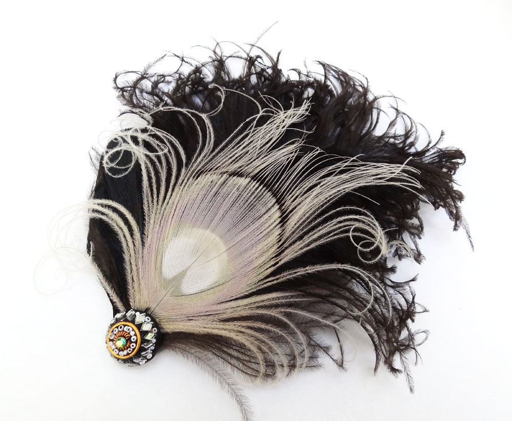 Ivory White Peacock Feather Fascinator, Hair Accessory, Black, Bridesmaid, Weddings, Hair Clip, Feather Head Piece, Batcakes Couture