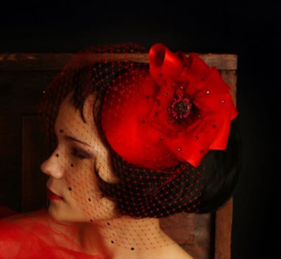 Weddings, Red Hat, Fascinator, Birdcage Veil, Poppy, Rose, Flower ,Cocktail Hat, Ribbon, Bow Swarovski Crystal, Batcakes Couture