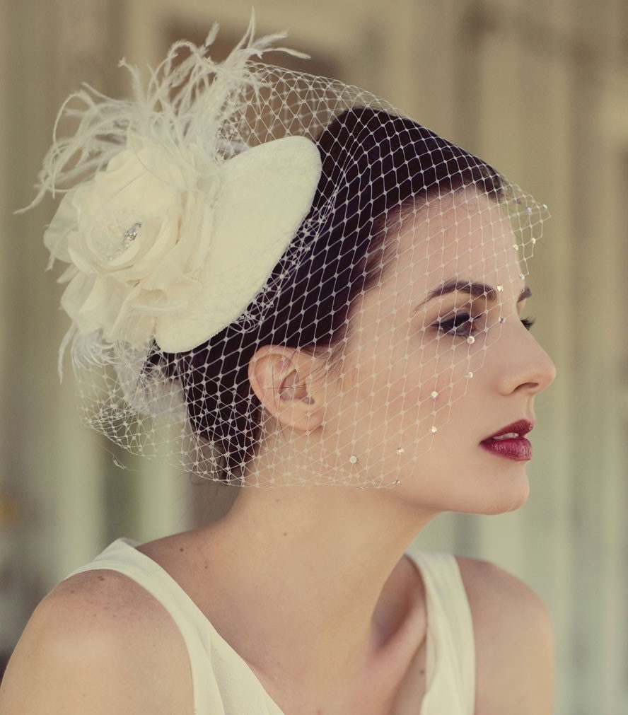 Ivory or White. Birdcage Veil, Feather Fascinator, Bridal Veil, Birdcage Veil, Silk Rose, Hat, High Fashion, Weddings, Batcakes Couture