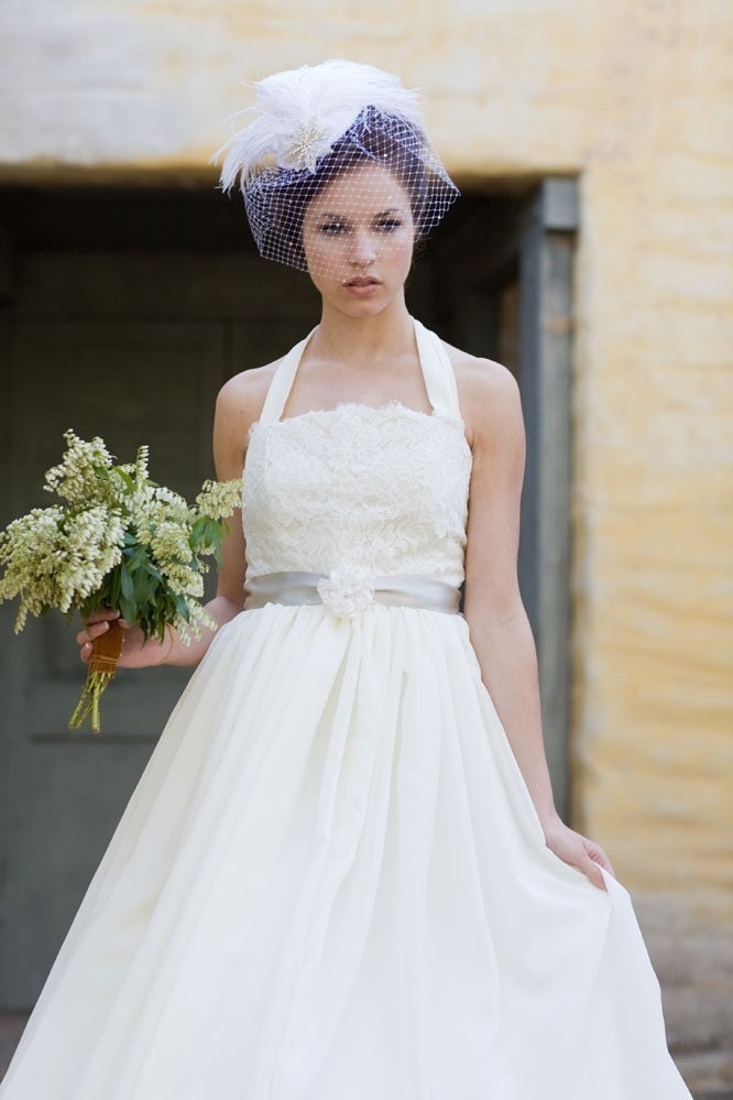 Weddings, Ivory Birdcage Veil, Bridal Hat, Feather Fascinator, Silver Screen Star, Batcakes Couture