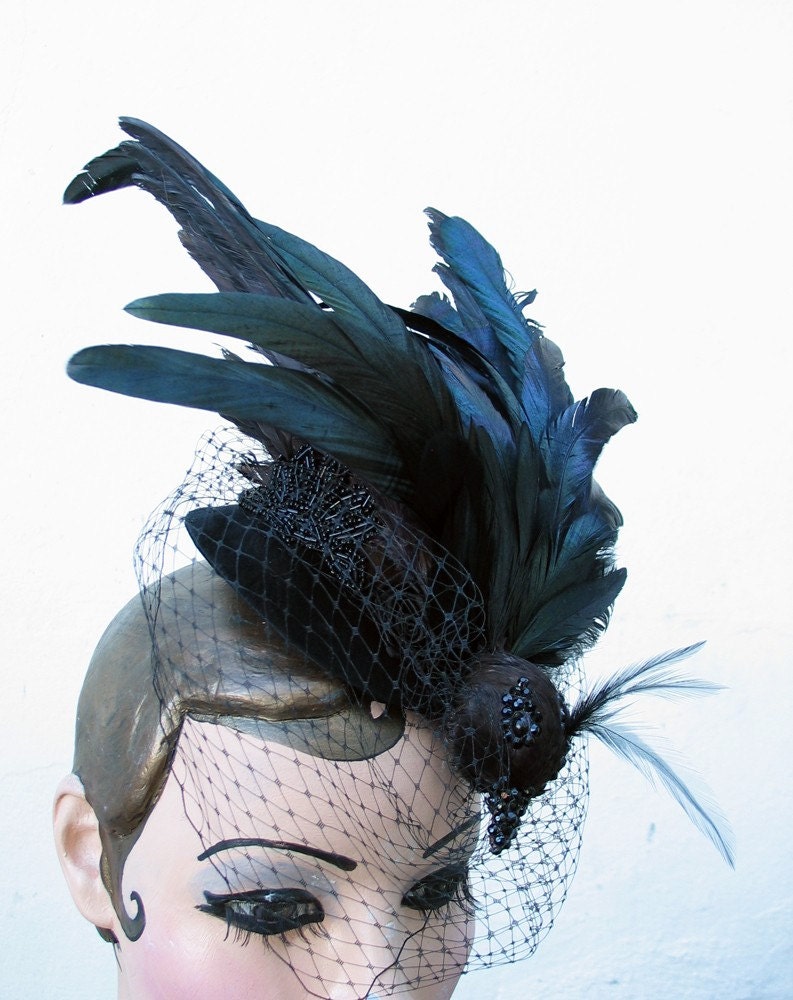 Birdcage Veil Womens Hat Fascinator Black Bird - Nevermore - Exotic Taxidermy - Batcakes Couture
