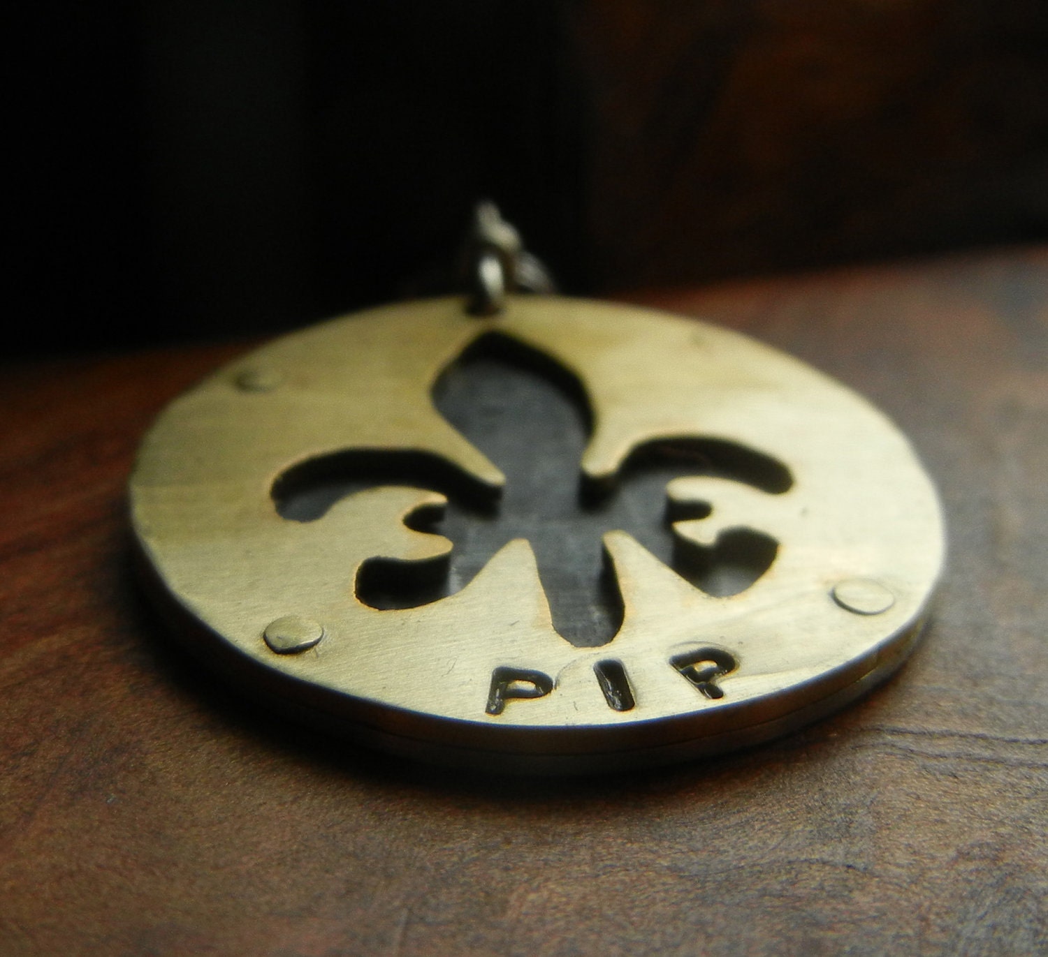FLEUR DE LIS dog tag pet id tag. Handcut in brass, nickel silver or copper. Multi layered and riveted.