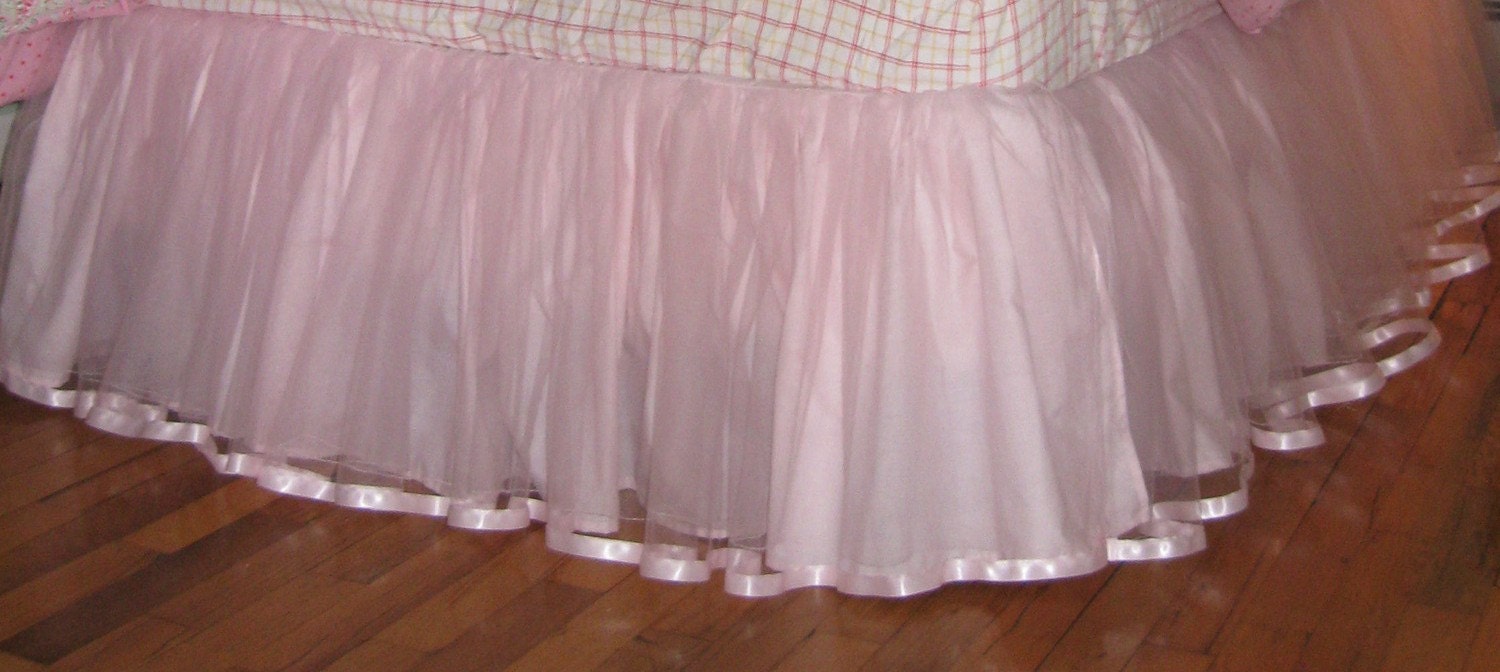 18 Inch Drop Full Size Satin Ribbon Tulle BEDSKIRT - Light Pink, Paris Pink, and Sweetest Pink