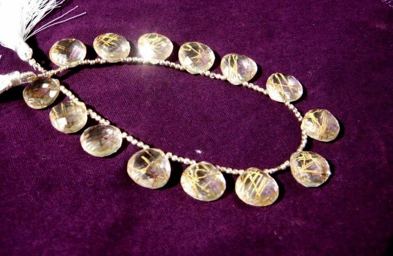 8 Inches - Sparkling Golden Rutilated Quartz Faceted Heart Briolettes Size 12x12mm w/ 14 Pcs 7matched pairs Super Unique Stones