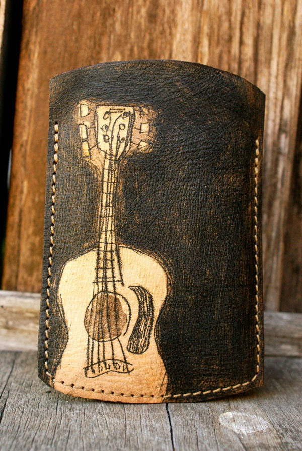 Valentines Gift for Him - Sleeve Leather Case for iPhone 4s / iPod Touch cover - Guitar Man Charcoal Version / Him Man Dad Father Gift