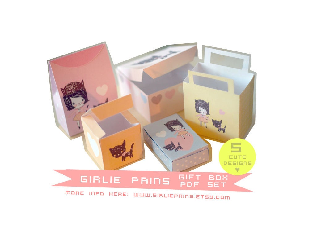 Printable Gift bags papercraft - Girl and kitten (5 designs)