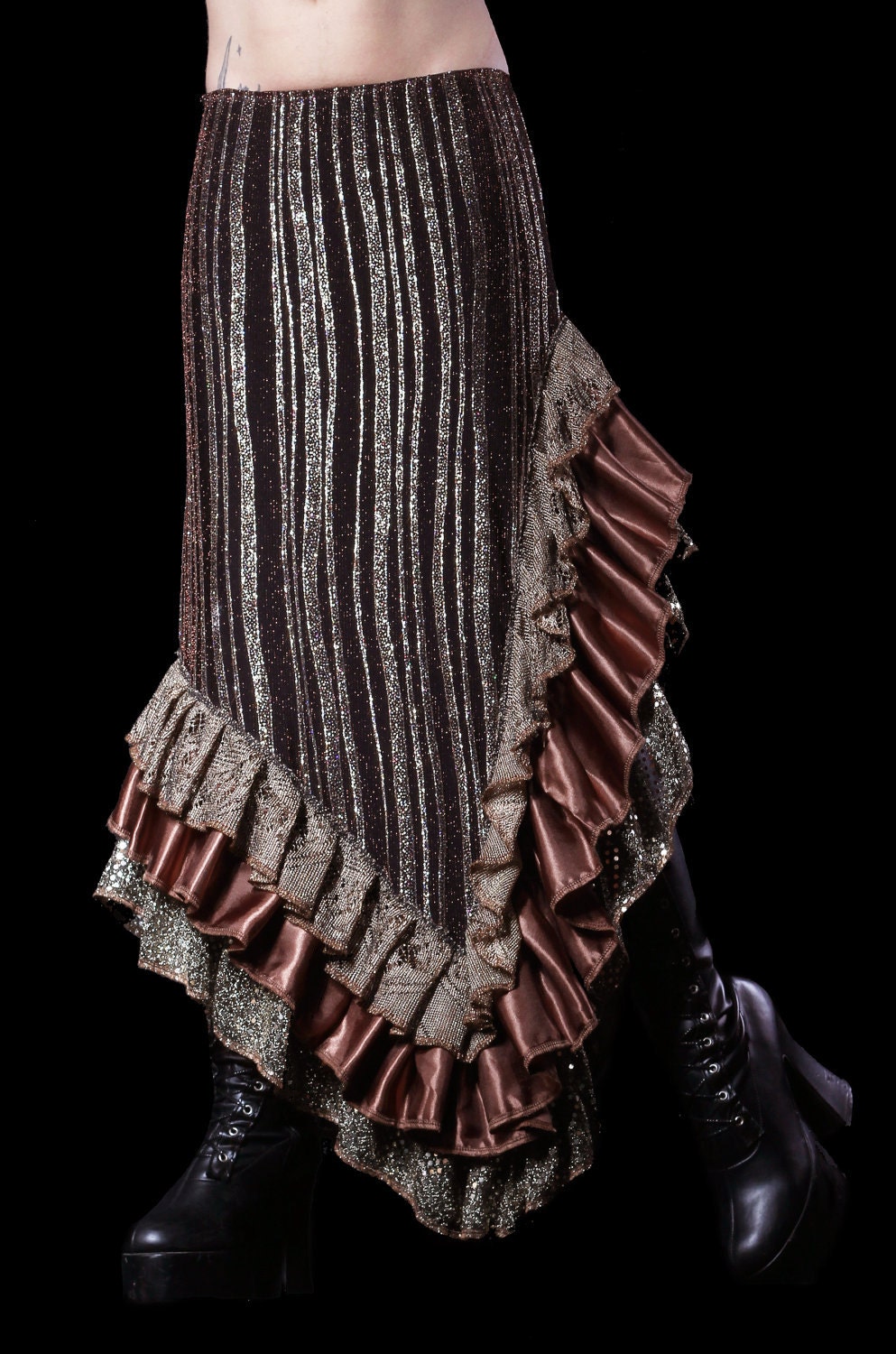 Skirt, Brown, Black, and Gold Glitter with Ruffles, Cabaret, Vaudeville, Burlesque, Steam Punk, Noir, Gothic, Tribal, Belly Dance Costume