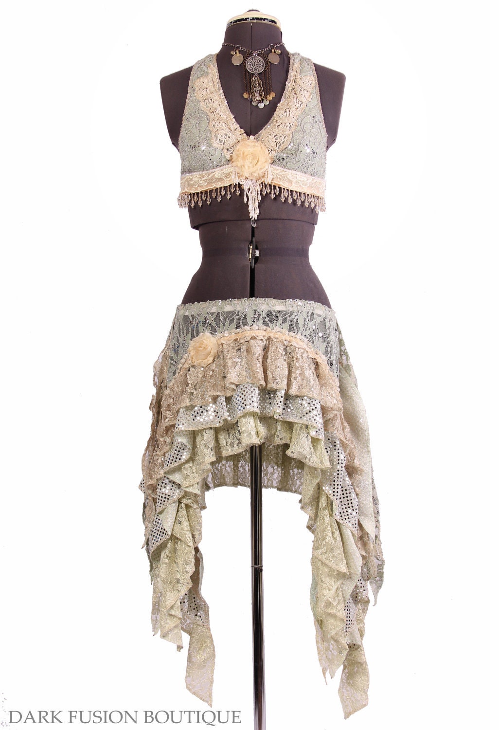 Halter, A Cup, Light Green, Cream, Nude, Sepia, Noir, Bellydance, Dance, Costume, Tribal, Fusion, Vintage Style, Gothic