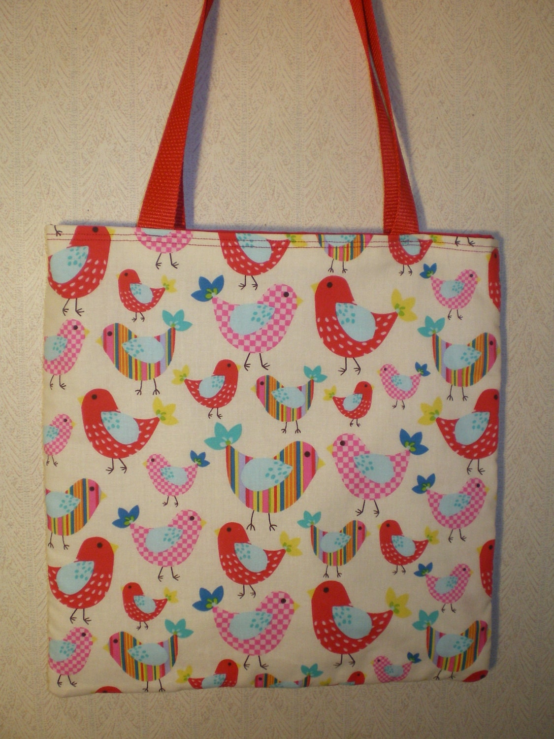 Bird Tote Bag Birds Colorful Tweet stripes checks dots Handmade Purse Limited