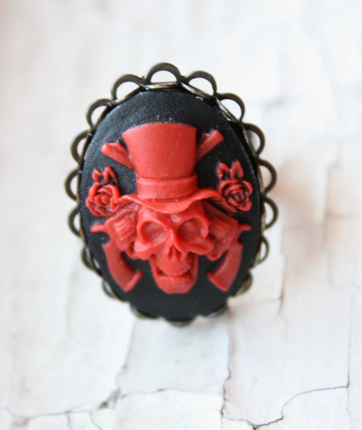 Guns and Roses Red and Black Skull Cameo Ring